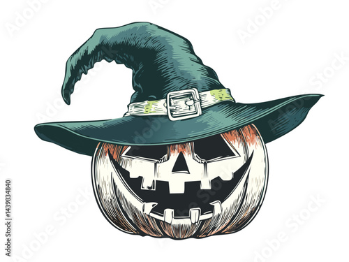 Spooky Carved Pumpkin With Magic Hat Illustration