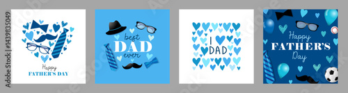 Best Dad Ever and I love you Dad greeting cards set with mens accessories. Happy Father's Day lettering banners with necktie, bow, hat, glasses, ball, air balloons and mustache. Vector illustration