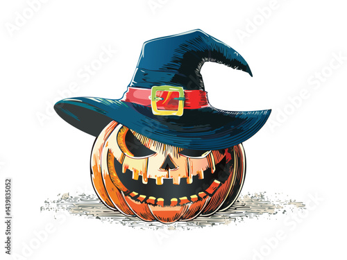 Frightening Pumpkin With Sorcerer Hat Illustration