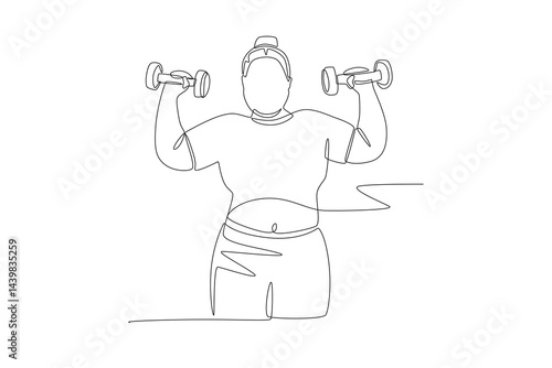 Fat woman lifting dumbbells. Overweight woman fitness concept one-line drawing