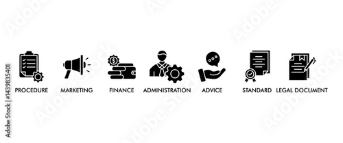 Guideline banner web icon set vector illustration concept with icon of rule, procedure, legal document, standard, administration, advice, finance, marketing