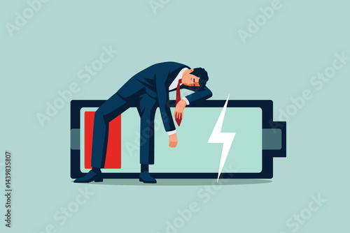exhausted burnout business man lay down on low battery red color. worker life concept, cartoon vector art