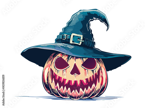 Chilling Pumpkin Wearing Wizard Hat Drawing