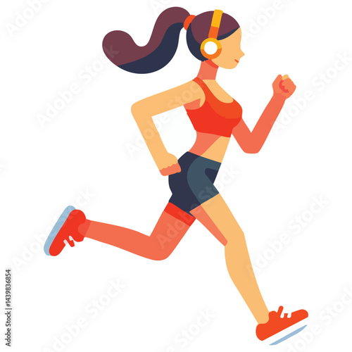 Active Woman Running with Headphones Vector Illustration for Fitness Designs