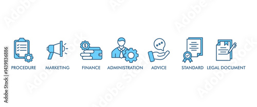 Guideline banner web icon set vector illustration concept with icon of rule, procedure, legal document, standard, administration, advice, finance, marketing