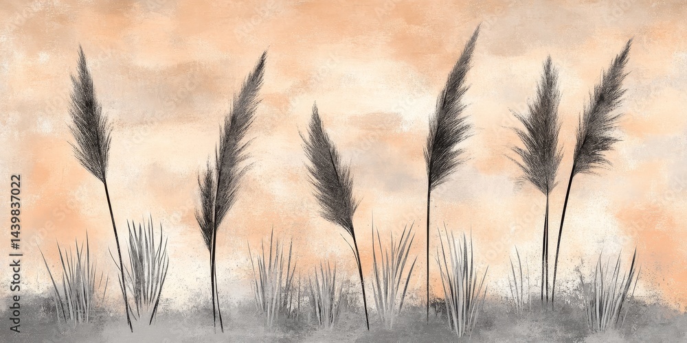 Obraz premium Abstract Watercolor Grasses with Pink Sky Subtle Decorative Nature Background Minimal Design