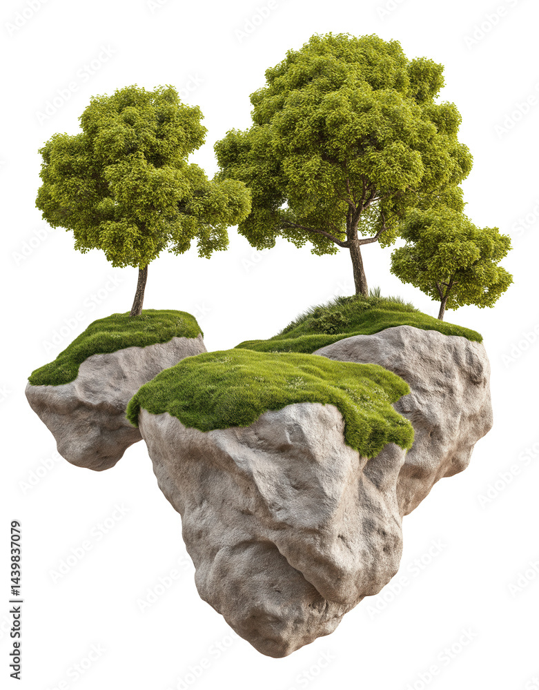 Three lush green trees growing on floating rocky islands covered with grass.