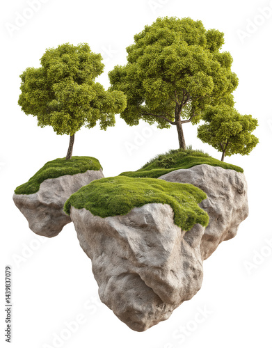 Obraz na płótnie Three lush green trees growing on floating rocky islands covered with grass. w salonie