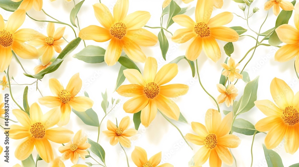 A seamless floral pattern featuring golden yellow Coreopsis flowers intertwined with soft green leaves perfect for wedding stationery and luxury designs cut out on isolated transparent background A seamless floral pattern featuring golden yellow Coreopsis flowers intertwined with soft green leaves perfect for wedding stationery and luxury designs cut out on isolated transparent background