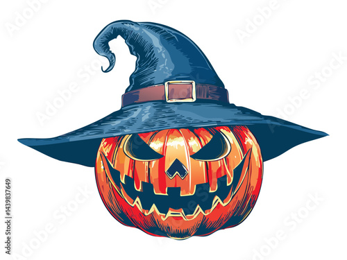Pumpkin With Dark Wizard Hat On Halloween Night