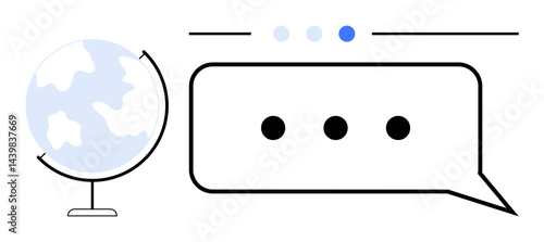 Globe next to chat bubble with ellipsis and navigation icons to signify worldwide communication, collaboration, and connectivity. Ideal for networking, messaging tools, teamwork, globalization