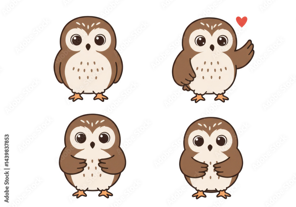 Four cute cartoon owls in different poses on black background Four cute cartoon owls in different poses on black background