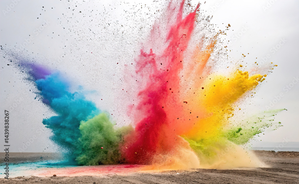Rainbow powder explosion, isolated white background. Dynamic explosion, vibrant colorful effect, LGBT a