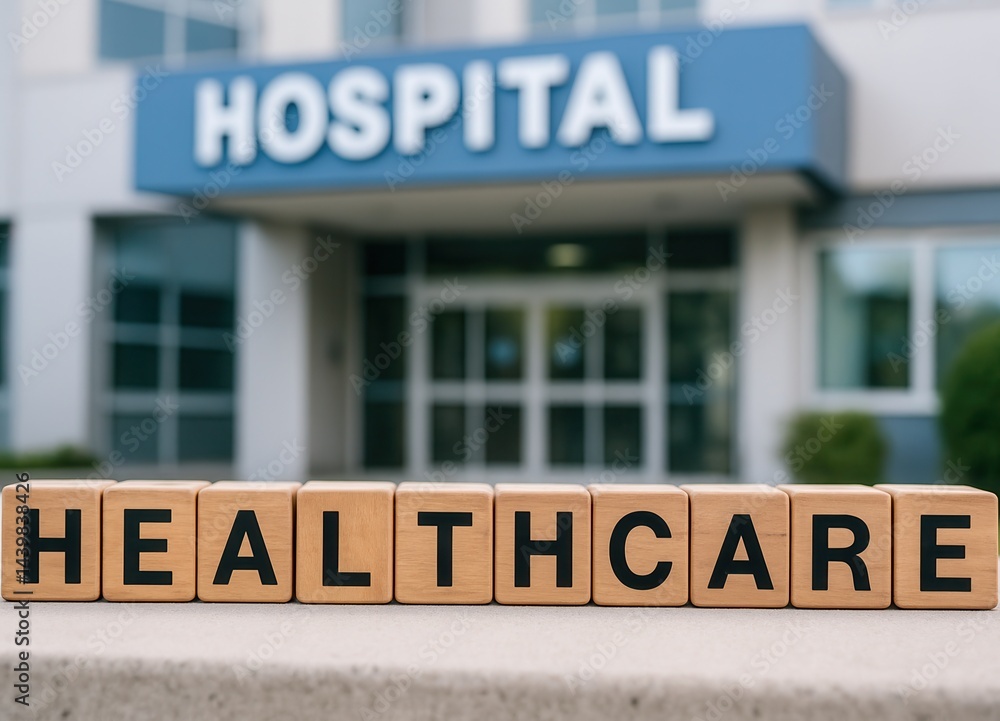 Obraz premium Healthcare wooden cubes in front of hospital building