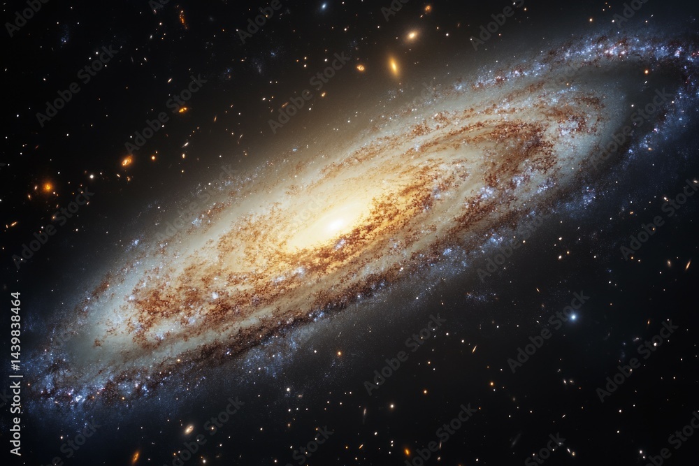 Fototapeta premium Spiral galaxy with luminous center in deep space. AI image