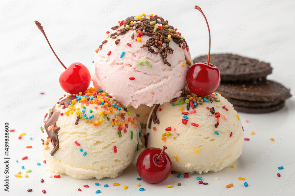 Ice cream balls decorated with topping isolated on white background