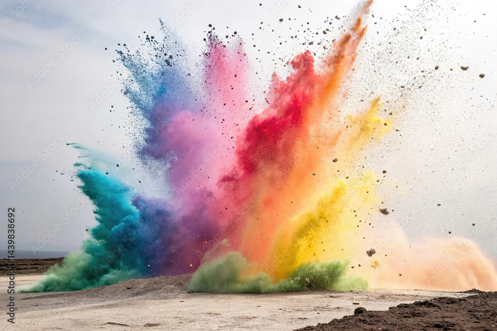 Rainbow powder explosion, isolated white background. Dynamic explosion, vibrant colorful effect, LGBT a