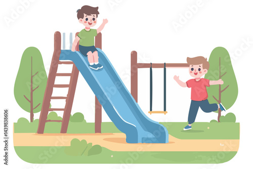 Happy Children Playing on Slide Playground Fun Recreation Time