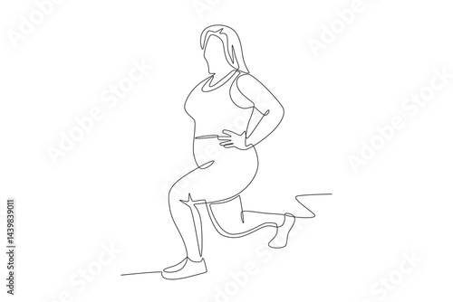 Fat woman doing squats. Overweight woman fitness concept one-line drawing