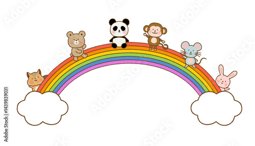 手書き風　虹の上に並ぶかわいい動物たち｜ベクター素材｜フレームや飾りに
