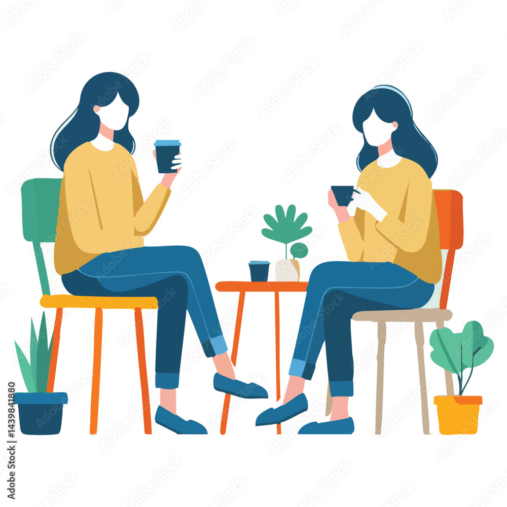 Two Women Talking and Drinking Coffee Together Illustration Design Two Women Talking and Drinking Coffee Together Illustration Design