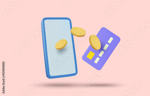 3D illustration vector render of floating coin icon from credit card to mobile phone concept e-payment, mobile top-up, cashless transaction, credit to wallet, online shopping ,digital payment