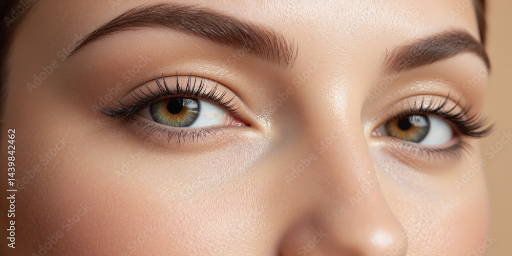 Fototapeta premium Perfect skin beauty close-up Cosmetics and skincare advertising Extreme close-up of flawless female face, focus on eye and cheekbone area, soft, diffused lighting