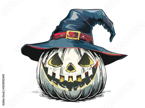 Pumpkin Lantern With Dark Wizard Hat Illustration