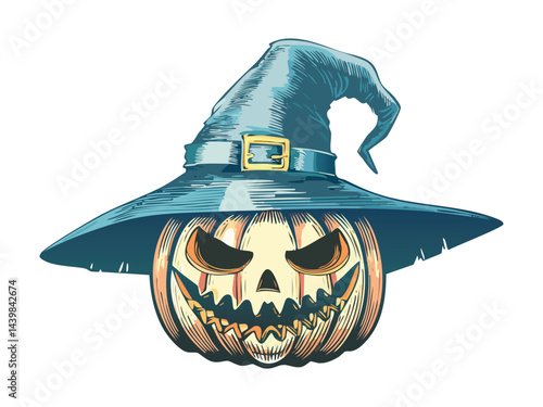 Haunted Smile Pumpkin With Witch Hat Illustration