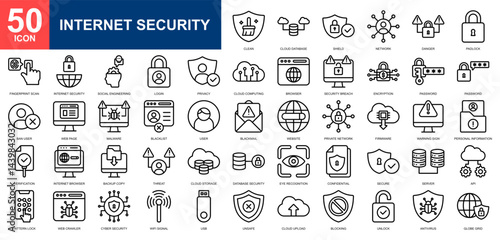 Internet Security icon set collection. Cyber security, cloud compunting, web security, internet protection, seo and web icon. Simple line vector.