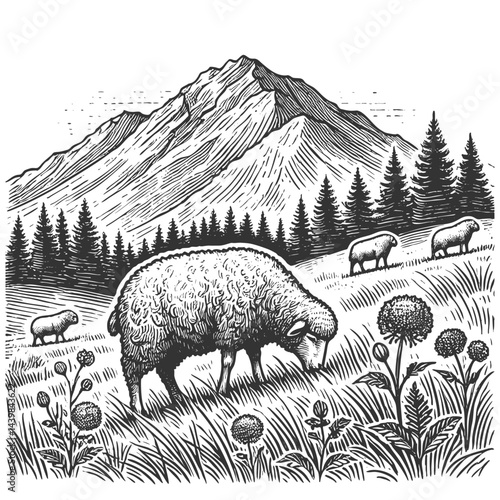 sheep grazing in an alpine meadow, with mountains, a farmhouse, and other sheep in the background, drawn in an engraved style sketch engraving generative ai vector. Scratch board. Black and white.