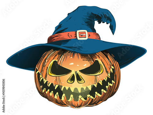 Scary Halloween Pumpkin With Witch Hat Art