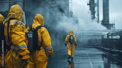 Pollution control team monitors air quality near industrial site in urban environment