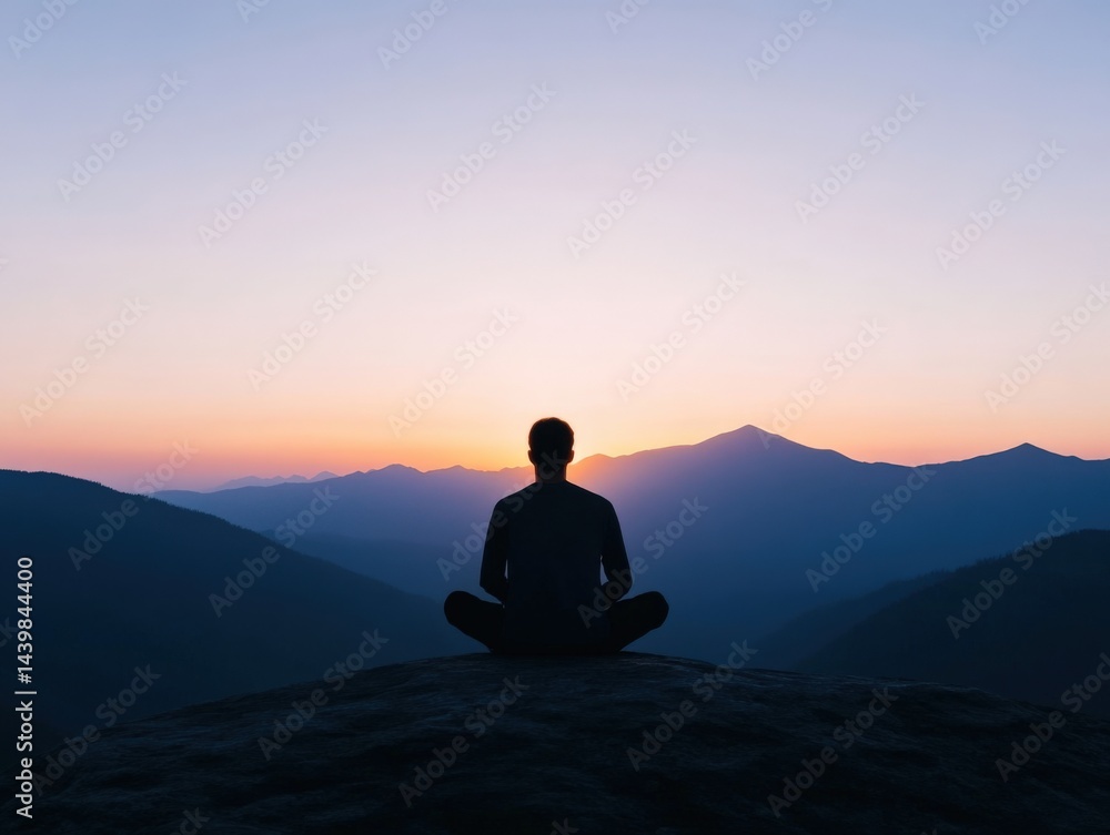 Person meditates in mountains at sunrise Person meditates in mountains at sunrise