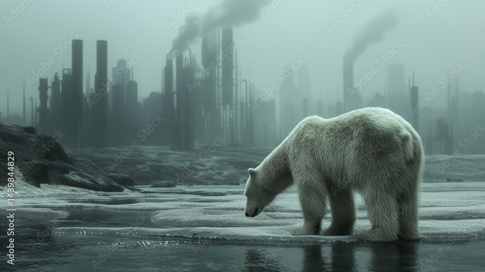 Impact of industrial pollution on wildlife as a polar bear navigates a toxic landscape