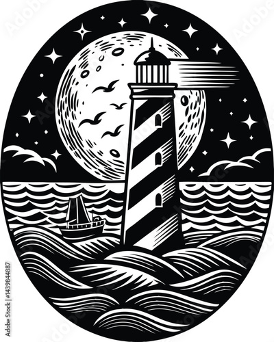 tall lighthouse standing on ocean waves with a massive, cratered moon in the background sketch engraving generative ai raster illustration. Scratch board imitation. Black and white image.