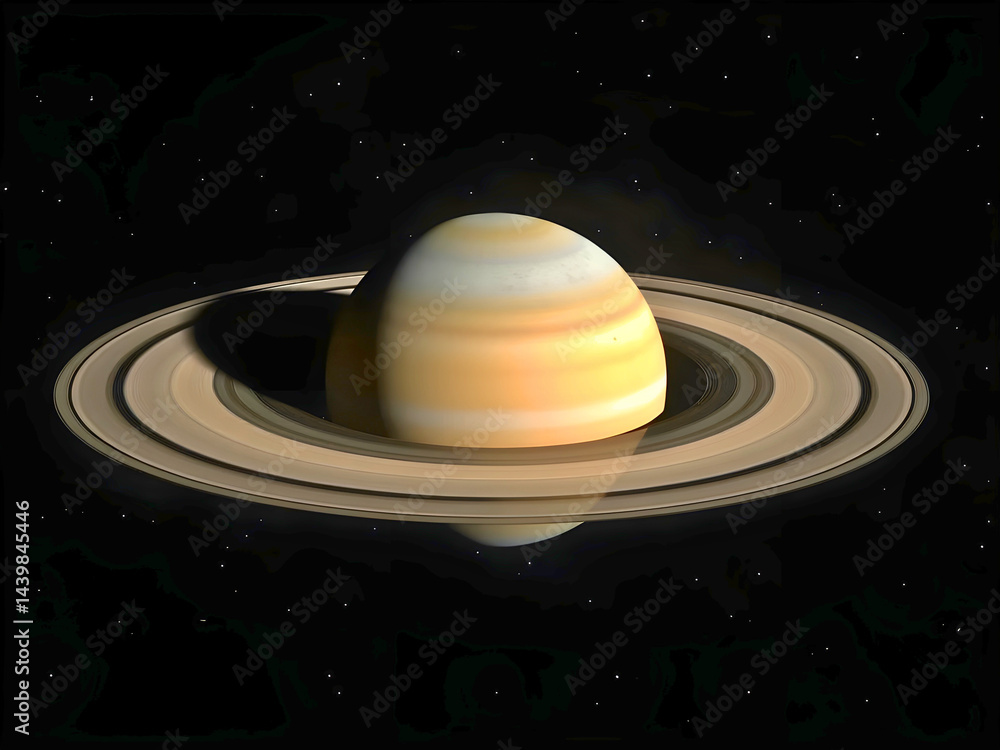 Fototapeta premium A 3D illustration shows a UFO flying over an alien planet in deep space, with a ringed planet like Saturn and a bright star illuminating the cosmos