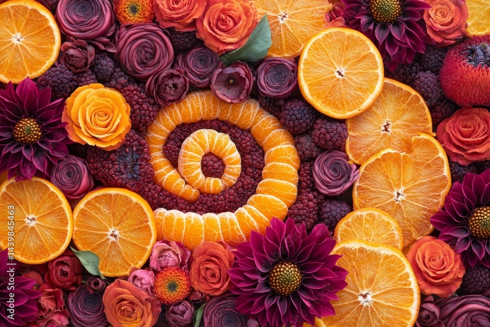 Floral and citrus arrangement in a spiral design. Floral and citrus arrangement in a spiral design.