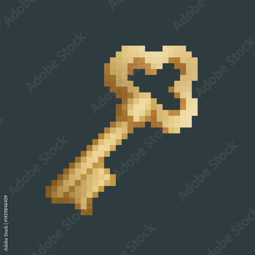 golden key in pixel art style with isolated background
