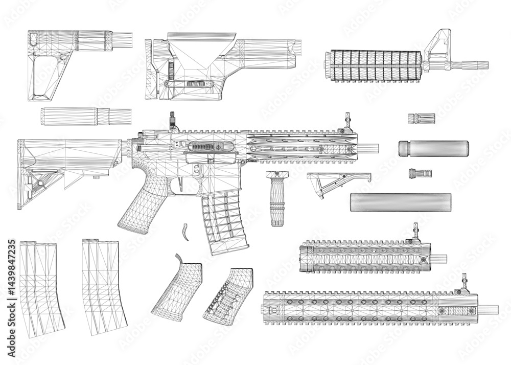 Obraz premium The image is a detailed drawing of a gun, with various parts labeled and described. The gun is a rifle, and the drawing shows the barrel, stock, and trigger. The drawing is in black and white