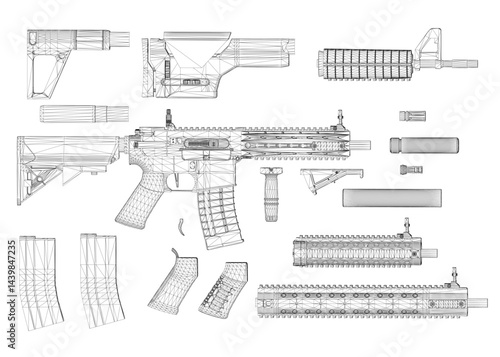 The image is a detailed drawing of a gun, with various parts labeled and described. The gun is a rifle, and the drawing shows the barrel, stock, and trigger. The drawing is in black and white