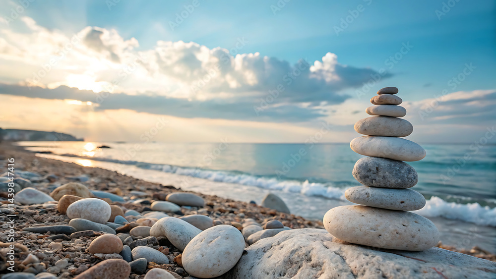Fototapeta premium Tranquil Zen Stones on Serene Beach Under Soft Ocean Sky