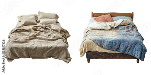 Realistic messy bed and folded blanket isolated on transparent PNG perfect for interior scenes or bedroom design mockups