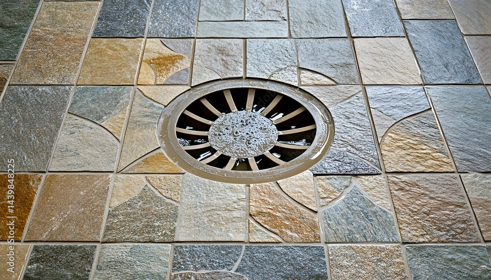 An overhead shot showing a shower floor drain and tiles
