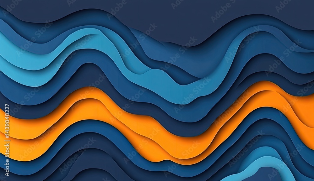 Fototapeta premium Abstract wavy layered papercut design in blues and orange