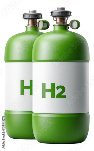 Obraz na płótnie Two green hydrogen gas cylinders with H2 labels, featuring metal valves on top. w salonie