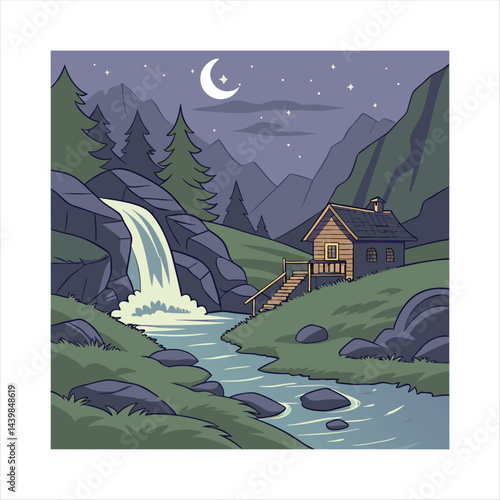 Tranquil Night by the Waterfall and Cabin.