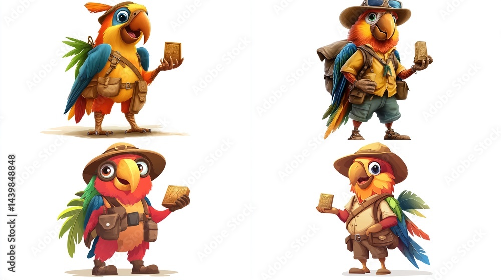Fototapeta premium Four cartoon parrots, adventurers, holding gold.