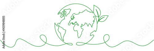 Planet Earth with leaves continuous line drawing. World map with curve line. Linear globe symbol. Vector illustration isolated on white.