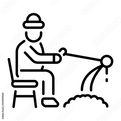 A line icon depicting a scene of ice fishing